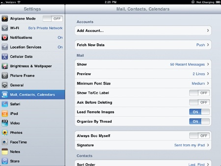 The Mail, Contacts, Calendars settings screen