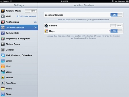 The Location Services settings screen