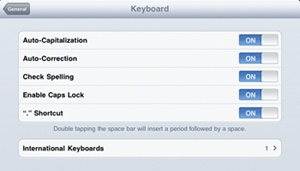 The Keyboard settings screen