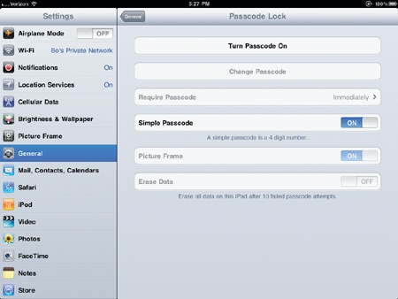 The Passcode Lock settings screen lets you turn the pass-code feature on or off.