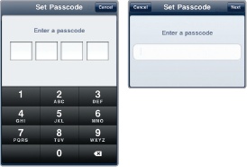 The Set Passcode screen lets you type a four-digit or alphanumeric passcode.