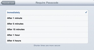 The Require Passcode settings screen lets you define a time interval for the iPad to wait before asking for a passcode.