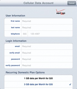 The Cellular Data Account window lets you choose a data plan.