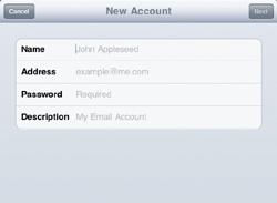 The New Account window lets you define a name, email address, password, and an optional description.