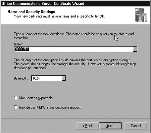 Certificate Name and Security Settings