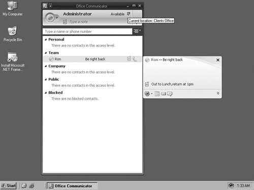 Presence Indicators for MOC 2007 Showing the User’s State and Location, and a Note