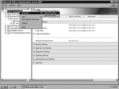 Navigating to the Global and Voice Properties Pages in the MOC Console