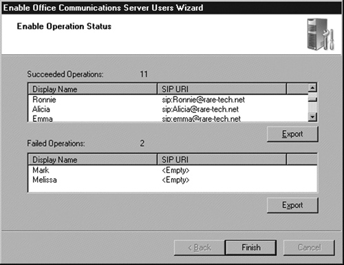The Success and Failure Operations in the Enable Office Communications Server Users Wizard