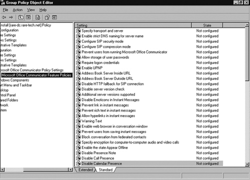 The MOC Administrative Policy Settings in the Group Policy Object Editor