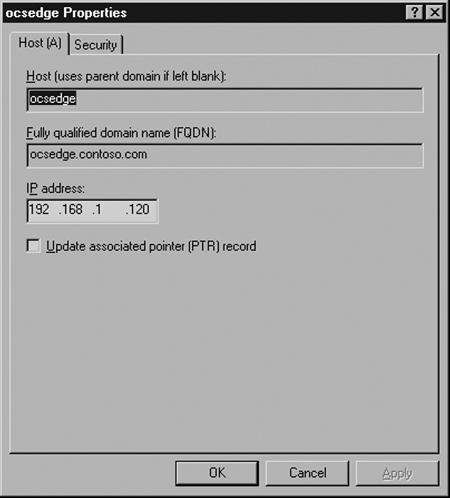 Internal DNS Record for the Edge Server