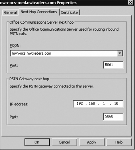 The Next Hop Connections Tab in Mediation Server Properties