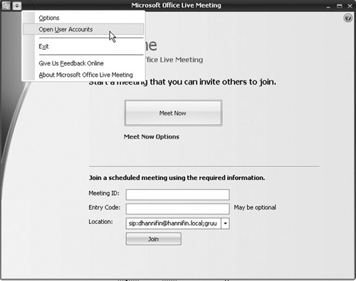 Opening the User Accounts Option via the Live Meeting Menu