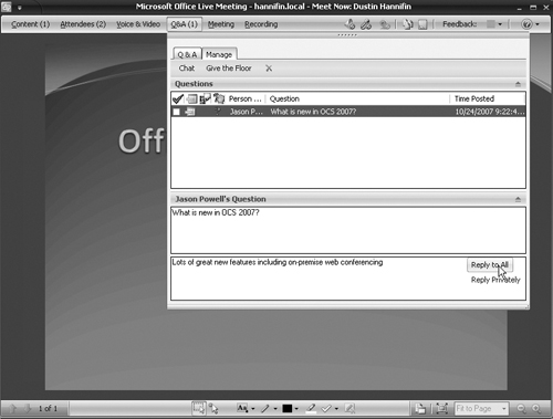 The Live Meeting Console Displaying the Q&A Feature