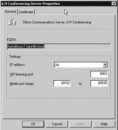 The A/V Conferencing Server Properties Window