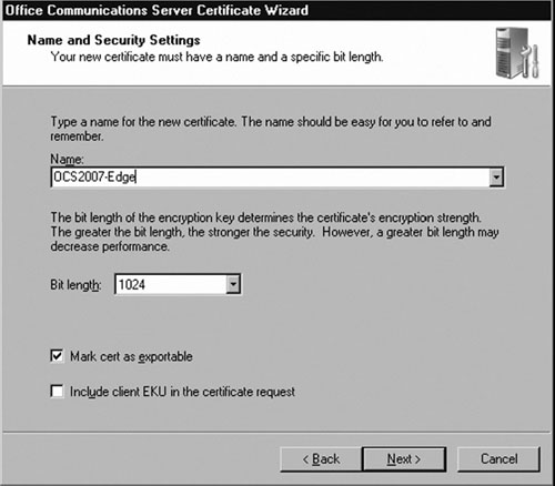 Setting the Name and Security Information for an Edge Certificate