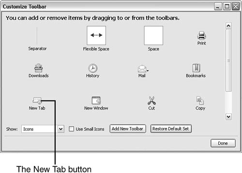 The Customize Toolbar window enables you to add and remove toolbar buttons.