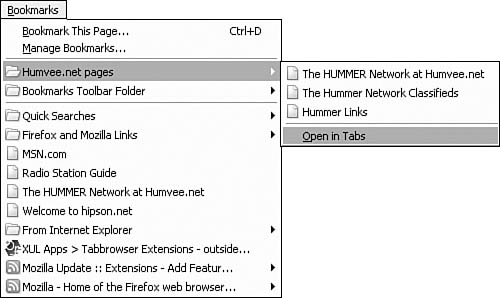 Open Bookmarks and navigate to any bookmark folder. Note the Open in Tabs at the end of the list of pages.