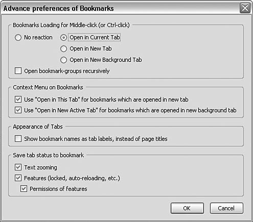 The Advance Preferences of Bookmarks window enables you to further customize how bookmarks are handled.