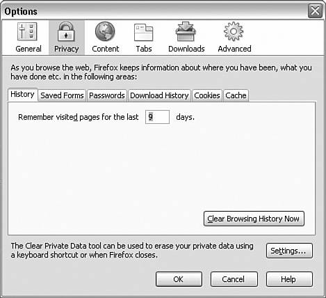 The Options window has six main areas: General, Privacy, Content, Tabs, Downloads, and Advanced. You are working with Privacy in this chapter.