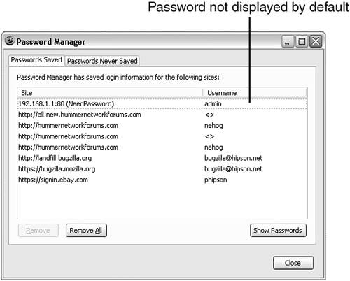 The password manager shows the URL, username, and (optionally) the password used.