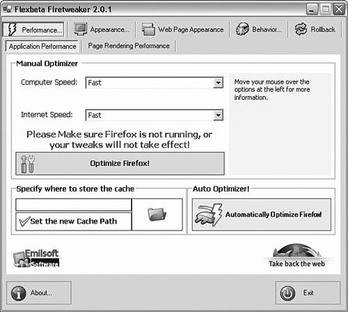 FireTweaker Performance options control settings that change Firefox performance.