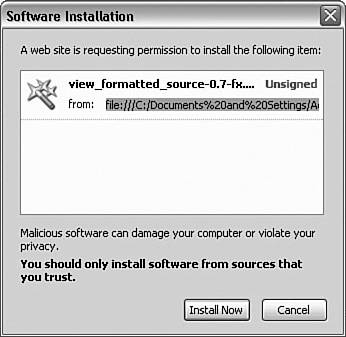 The view_format file is dropped from My Downloads onto the Extensions dialog box; then Firefox displays the Software Installation dialog box, enabling you to confirm.