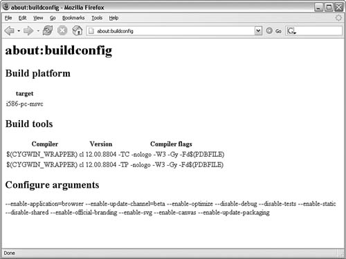about:buildconfig lists compiler and build data, including configuration arguments.