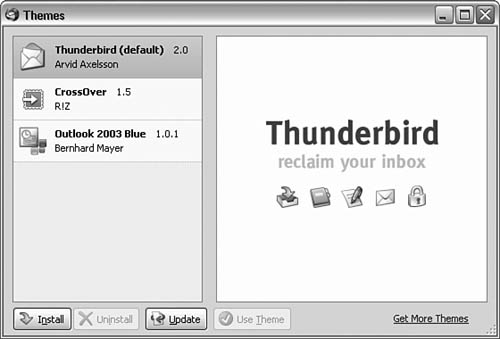 Thunderbird’s Themes dialog box is a carbon copy of the Firefox Themes dialog box.