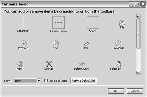 The Customize Toolbar dialog box shows the buttons added by the Buttons! extension.