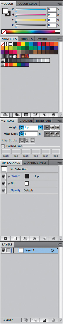 Panels for Illustrator, Photoshop, Dreamweaver, and Flash, respectively.