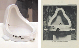 Fountain, Marcel Duchamp (a.k.a. R. Mutt), 1917, ready-made object photographed by left; David Shankbone and right; Alfred Steiglitz.