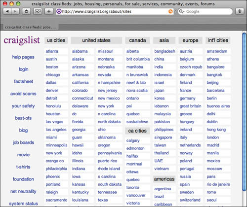 Screen shot of http://www.craigslist.org taken on November 14, 2008.
