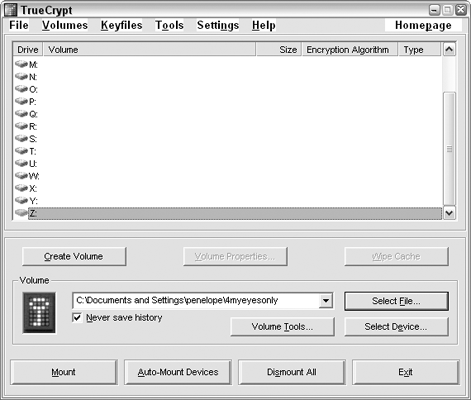 To mount a TrueCrypt drive, select the file container and an available drive letter.