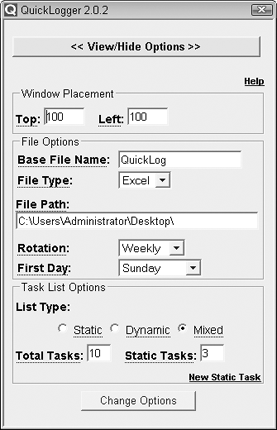 Set whether you'd like your log to be a spreadsheet or text file and many other preferences in QuickLogger 2's Options dialog.