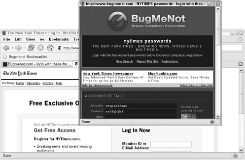 Using the BugMeNot bookmarklet to find a usable login for nytimes.com.