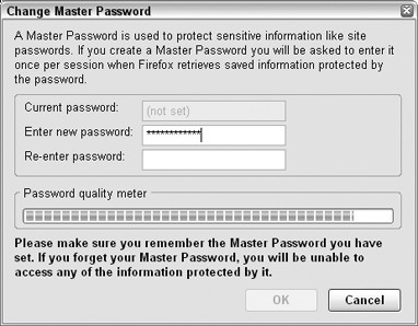 Set your master password in the Firefox Options dialog box.