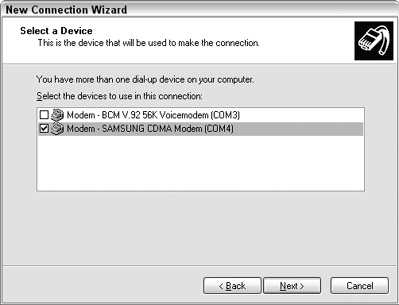 Select your cell phone modem in the dial-up connection wizard.