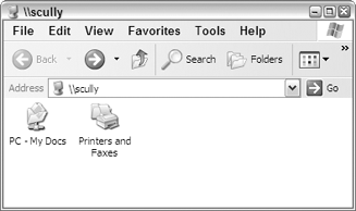Browse to the computer with shared files or printers by prefixing its name with backslashes in Windows Explorer.
