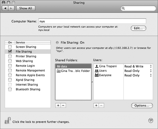 In the Sharing pane of System Preferences, manage your Mac's shared folders list and set access permissions for each shared folder.