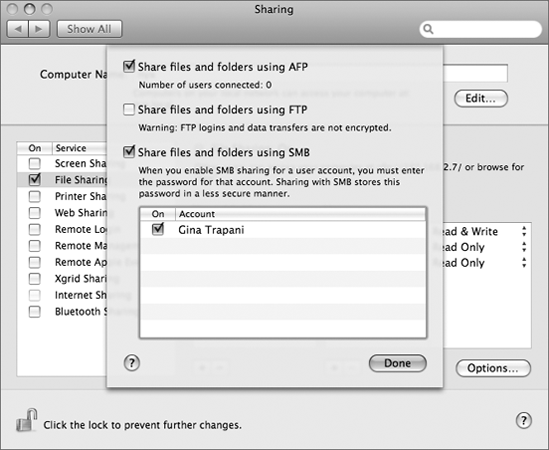 Click the Options button to select which protocols your Mac should use to share the selected folders.