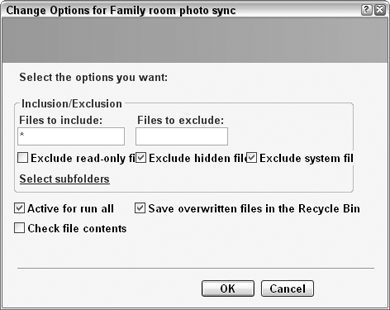 In the Change Options dialog box, you can include or exclude files from the synchronization action and configure other settings.