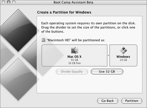 Using the Boot Camp Assistant, set the size of the Windows partition.