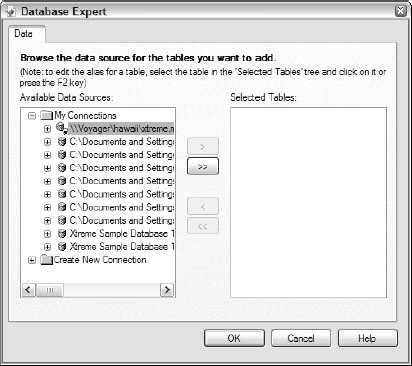 The Database Expert dialog box shows where to find your source data.