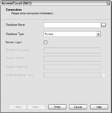 The Access/Excel DAO dialog box asks how to connect to your data source.