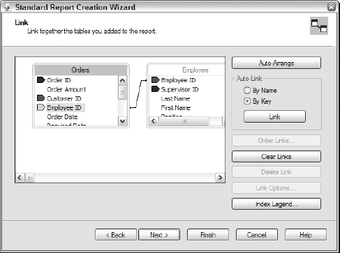 Link view of the Standard Report Creation Wizard dialog box shows the connection between the selected tables.