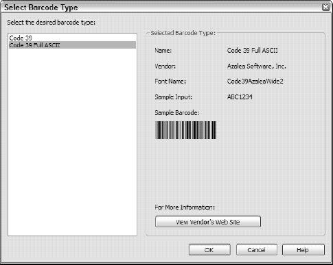 Select Barcode Type dialog box.