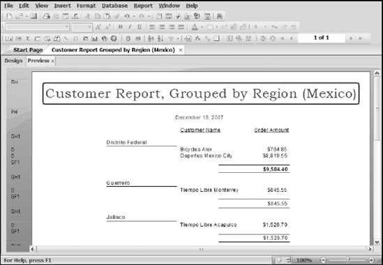 The Customer Report, with group totals of less than $2,000 displayed in red.