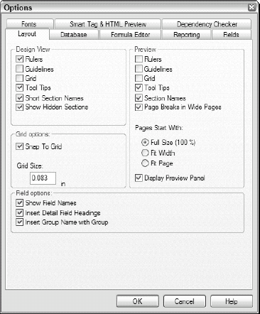 Options dialog box, with Layout tab selected.