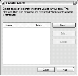 The Create Alerts dialog box lists alerts and their status.