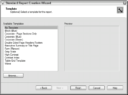 Template view of the Standard Report Creation Wizard, showing the templates available.